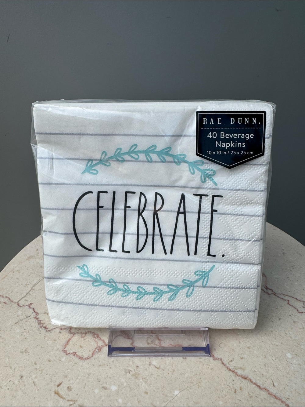 Rae Dunn White Napkins with Teal Wreath "Celebrate" - Pack of 40
